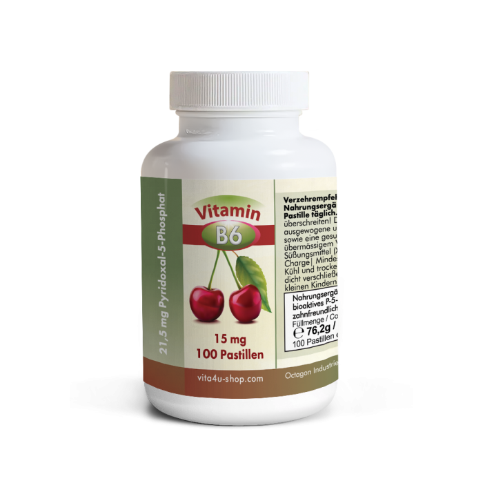 Vitamin B6 aktiv (Pyridoxal-5-Phosphat) 15 mg von Vita 4U, Dose mit 100 zuckerfreien Kirsch-Lutschpastillen Vitamin B6 aktiv (Pyridoxal-5-Phosphat) 15 mg von Vita 4U, Dose mit 100 zuckerfreien Kirsch-Lutschpastillen