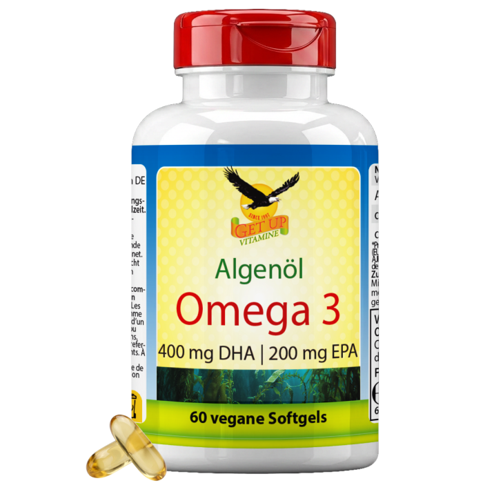 Omega-3 veganes Algenöl 1000 mg mit DHA und EPA, 60 Kapseln, Nahrungsergänzung für Herz, Gehirn und Sehkraft, pflanzliche Alternative zu Fischöl, nachhaltige Algenquelle, Produktverpackung Vorderansicht Omega-3 veganes Algenöl 1000 mg mit DHA und EPA, 60 Kapseln, Nahrungsergänzung für Herz, Gehirn und Sehkraft, pflanzliche Alternative zu Fischöl, nachhaltige Algenquelle, Produktverpackung Vorderansicht