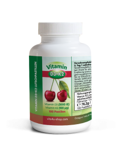 Nahrungsergänzungsmittel mit Vitamin D3, Vitamin K2 und Xylit als zuckerfreie, zahnfreundliche Kirsch-Lutschpastille.