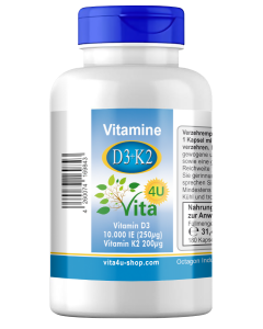 Vitamin D3 + K2 Depot | D3 10000 IE + K2 200μg | 180 Depot-Kombi-Kapseln | vegan & hoch dosiert