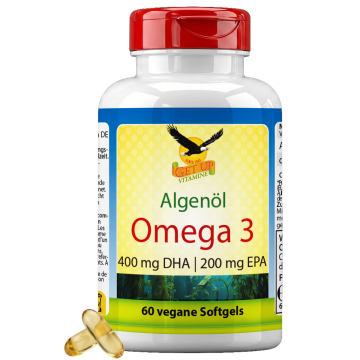 Omega-3 veganes Algenöl 1000 mg mit DHA und EPA, 60 Kapseln, Nahrungsergänzung für Herz, Gehirn und Sehkraft, pflanzliche Alternative zu Fischöl, nachhaltige Algenquelle, Produktverpackung Vorderansicht