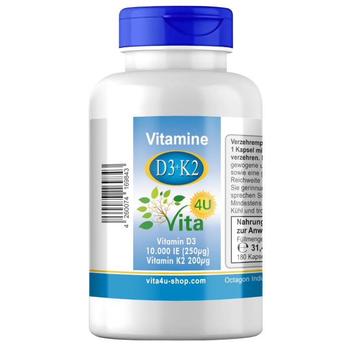 Vitamin D3 + K2 Depot | D3 10000 IE + K2 200μg | 180 Depot-Kombi-Kapseln | vegan & hoch dosiert Vitamin D3 + K2 Depot | D3 10000 IE + K2 200μg | 180 Depot-Kombi-Kapseln | vegan & hoch dosiert